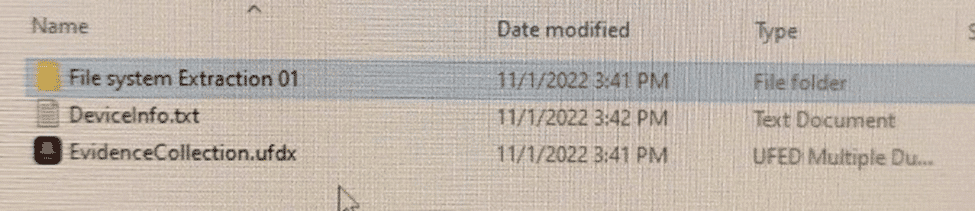 A screenshot showing the ufdx file, Deviceinfo.txt and File system Extraction folder for iOS Fully File system images.