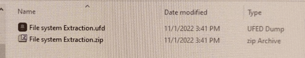 A screenshot showing the File system Extraction.ufd and File system Extraction .zip files.