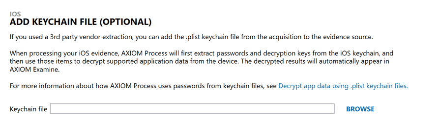 A screenshot showing the Add Keychain File window for an iOS Full File System image extraction.