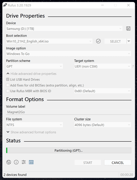 A screenshot showing the drive partitioning screen in Rufus.