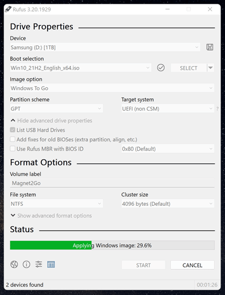 A screenshot showing the drive partitioning screen in Rufus when the progress bar enters the "Applying Windows image" stage.