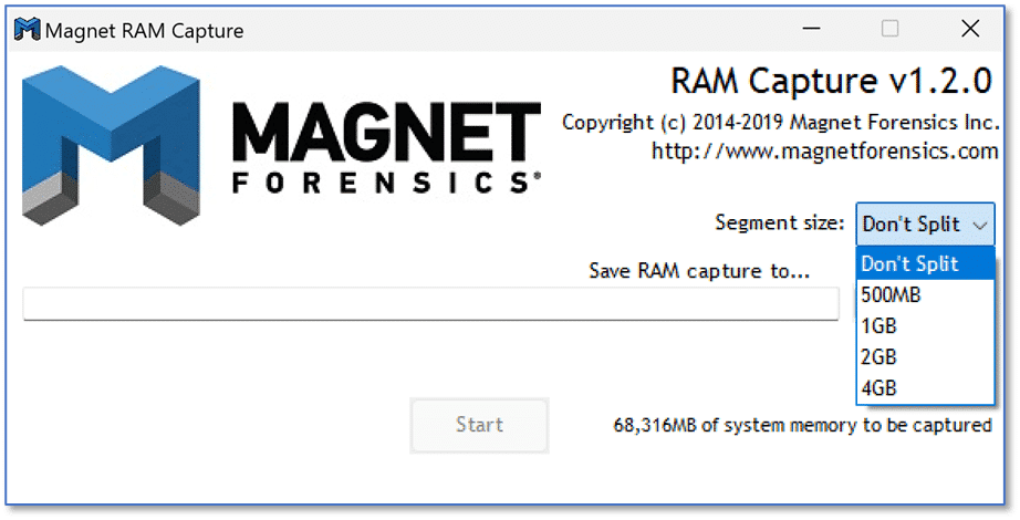 A screenshot of MAGNET RAM Capture v1.2.0, a free digital forensics tool 