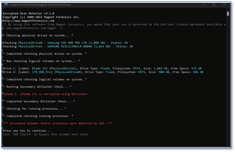 A screenshot of the Encrypted Disk Detector output.