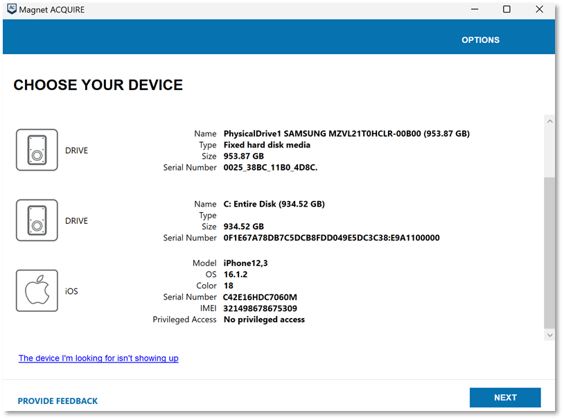 A screenshot of Magnet ACQUIRE, a free digital forensics tool from Magnet.