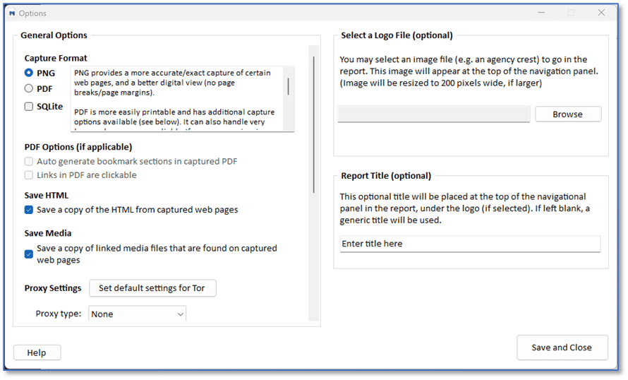 A screenshot of the options in Magnet Web Page Saver.