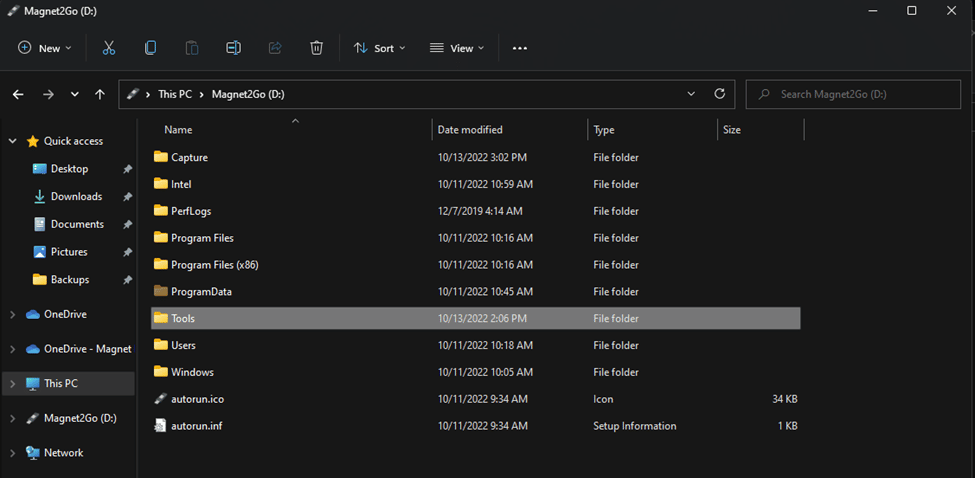 A screenshot showing where in the root directory the Windows to Go drive is located. The drive is now named Magnet2Go.