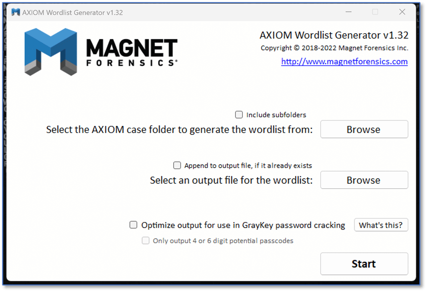 A screenshot of the AXIOM Wordlist Generator, a free digital forensics tool from Magnet.