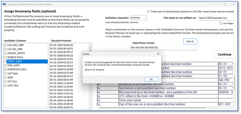 A screenshot showing how to assign timestamp fields in the Magnet Custom Artifact Generator.