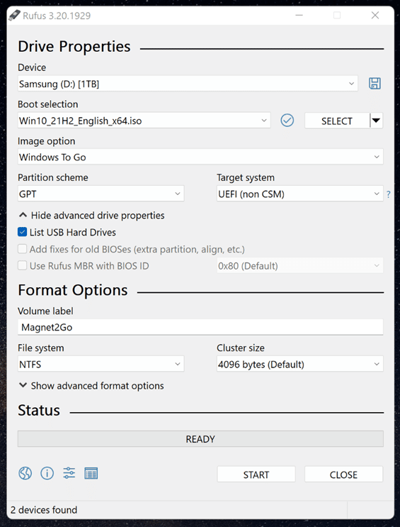 A screenshot showing the Rufus 3.20.1929 settings required to set up a Windows to Go drive for Magnet OUTRIDER and Magnet ACQUIRE offline collections.