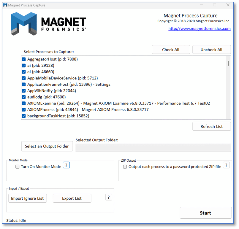 A screenshot of MAGNET Process Capture