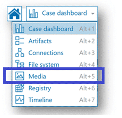 Figure 6: Explorer drop-down menu in AXIOM Examine, showing options for case dashboard, artifacts, connections, file system, media, registry and timeline. "Media" is highlighted.