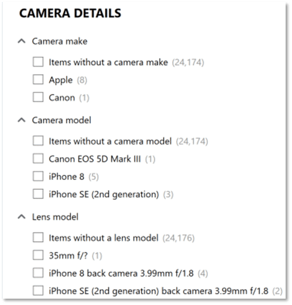 Figure 7: Camera Details filtering options in Media Explorer, showing details like "Apple", "Canon", "Lens Model", etc.