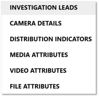 Figure 8: Media Explorer Filter Categories, showing "investigation leads", "camera details", "distribution indicators", "media attributes", "video attributes", and "file attributes".