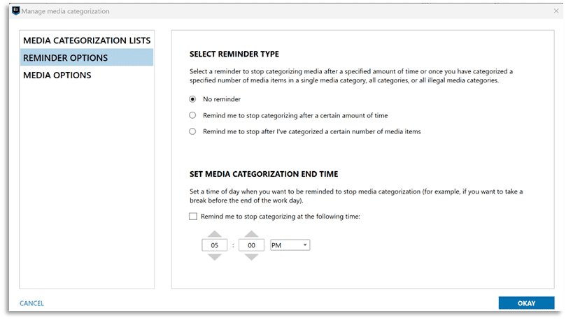 Figure 11: Manage media categorization window