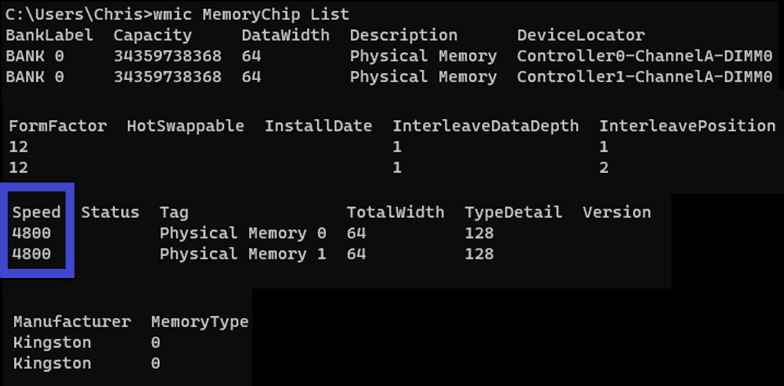 A screenshot showing the WMIC output showing DDR5-4800 RAM installed.