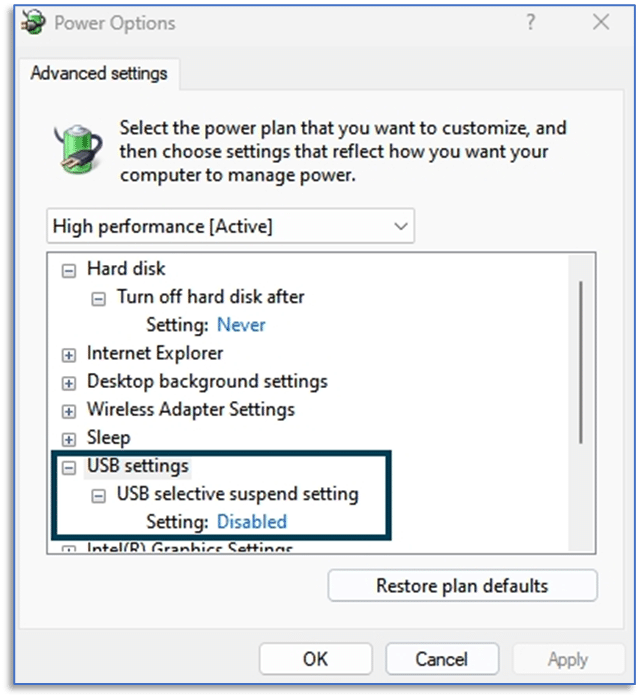 A screenshot showing the advanced settings in Power Options in Windows for USB power settings.