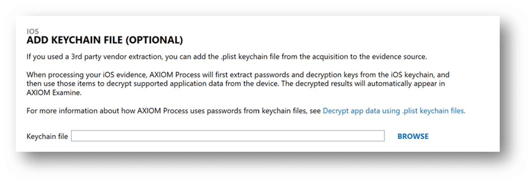 A screenshot from Magnet AXIOM showing how to load the keychain.plist to check for credentials.