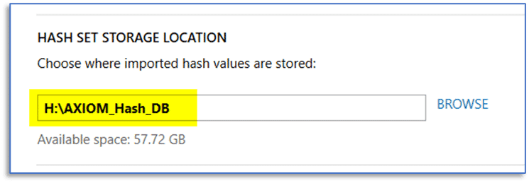 A screenshot of the AXIOM Process Hash Database location.