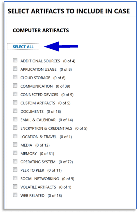 A screenshot of the SELECT ALL Artifacts in AXIOM Process.