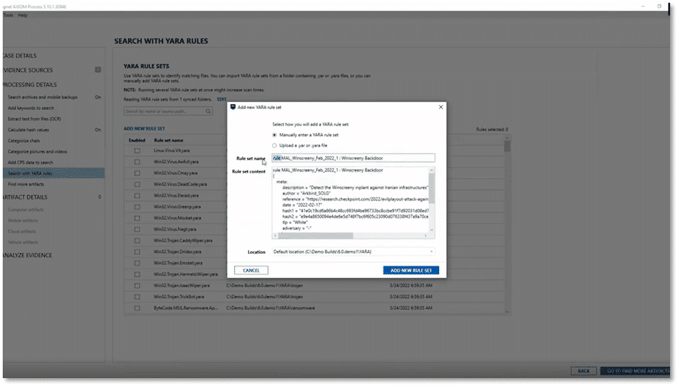 A screenshot showing how to load YARA rules into Magnet AXIOM Cyber.