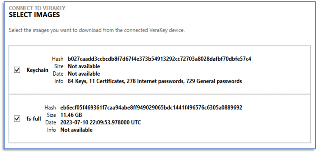 A screenshot of the list of selectable images on the VeraKey connected device.