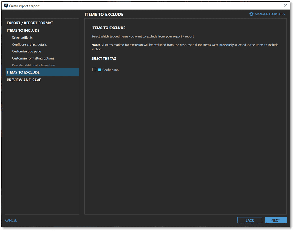 A screenshot of the "Items to Exclude" options in Magnet AXIOM 7.3.