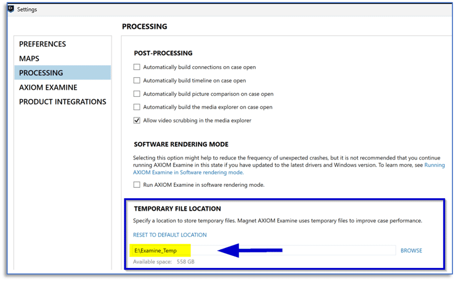 A screenshot of the AXIOM Examine Temporary File Location.