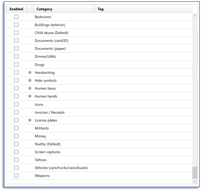 A screenshot of the Magnet.AI Image Classification Categories.