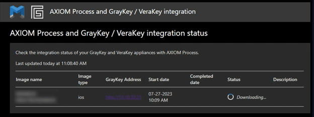 A screenshot of the detailed progress status of teh AXIOM image processing through the GrayKey web dashboard.