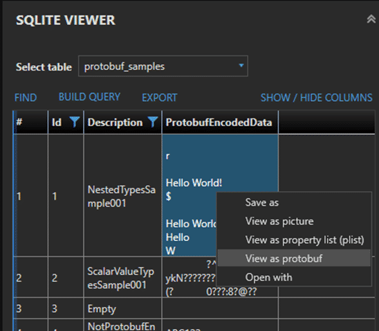 A screenshot of the SQLite Viewer in Magnet AXIOM 7.4, showing Protobuf Samples