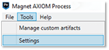 A screenshot of the Tools > Settings menu in Magnet AXIOM Process.
