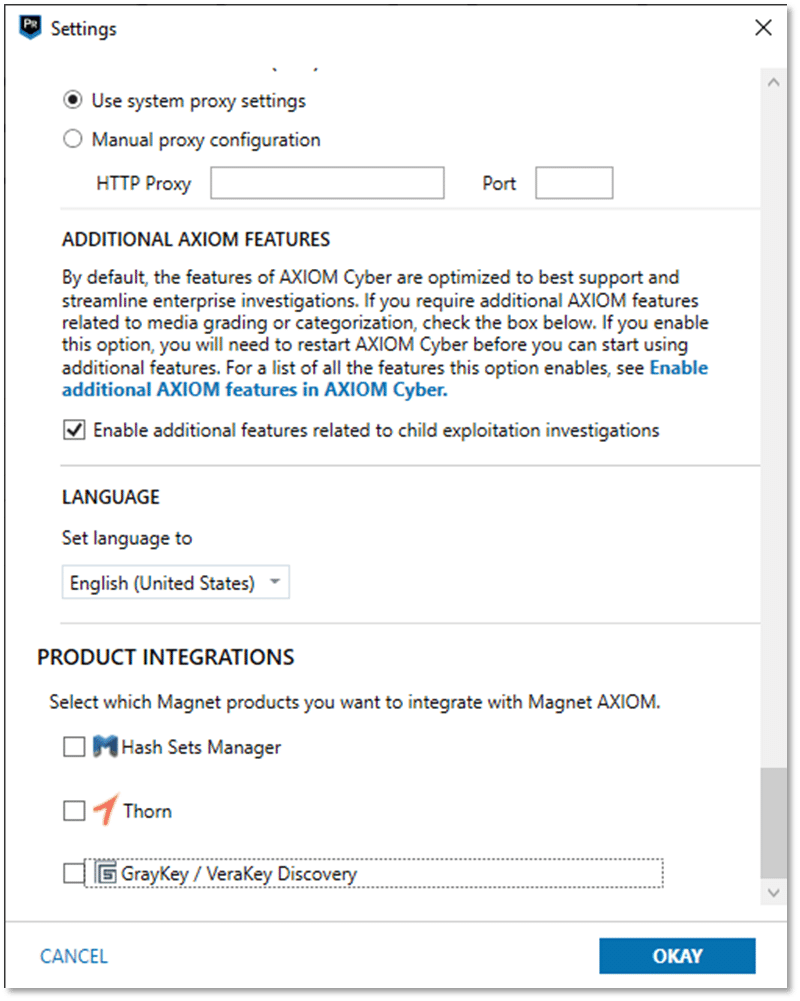A screenshot of the GrayKey/VeraKey Discovery option in the Settings menu of AXIOM Process.