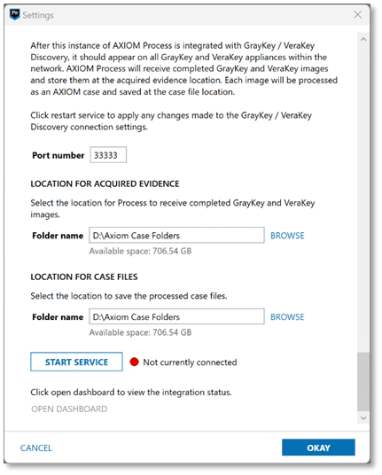 A screenshot of the settings dialogue box in AXIOM Process showing that the service is not currently connected.