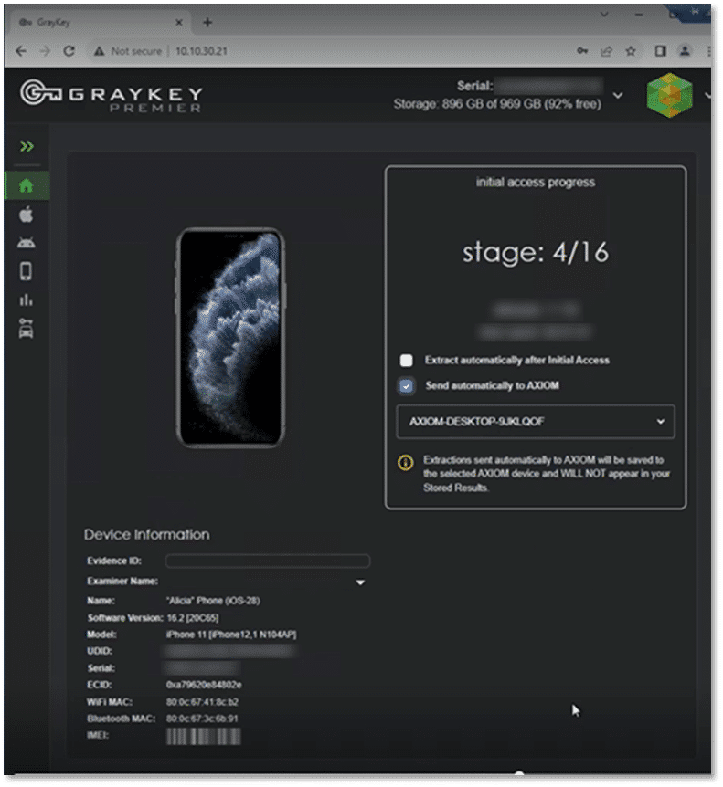 A screenshot of GrayKey Premiere with a button for automatic extractions to Magnet AXIOM.