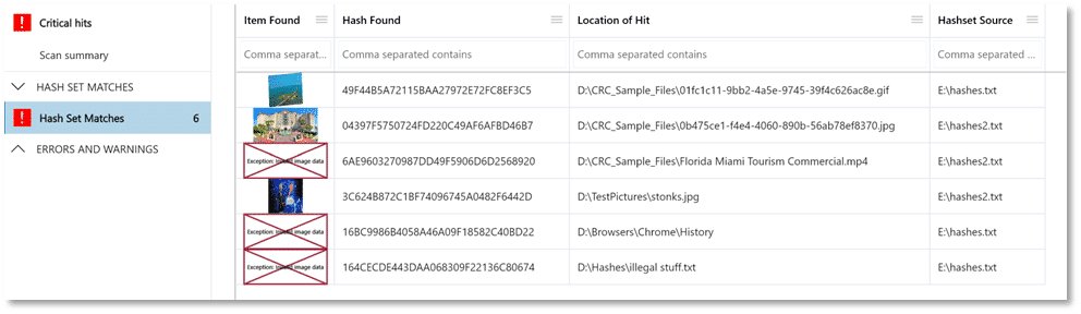 A screenshot showing the critical hits for files matching MD5 hashes.