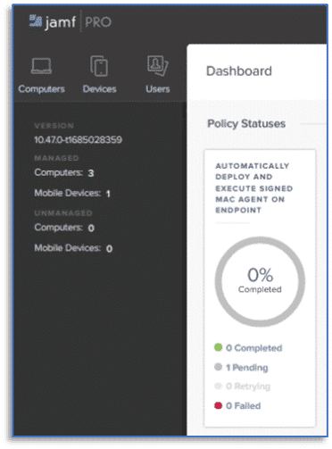 A screenshot from the Jamf Pro policy dashboard showing a policy that will automatically deploy and execute a signed macOS agent on endpoints.