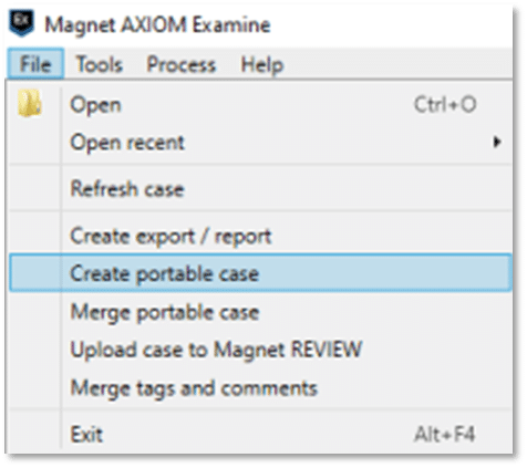A screenshot of the File menu in Magnet AXIOM Examine.