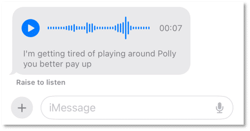 A screenshot of an iOS 17 voice message with transcription enabled.