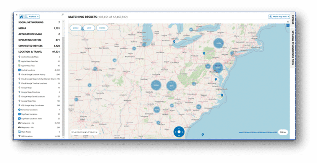 A screenshot of Magnet AXIOM map view, showing the locations for various geolocation artifacts on a mobile device.