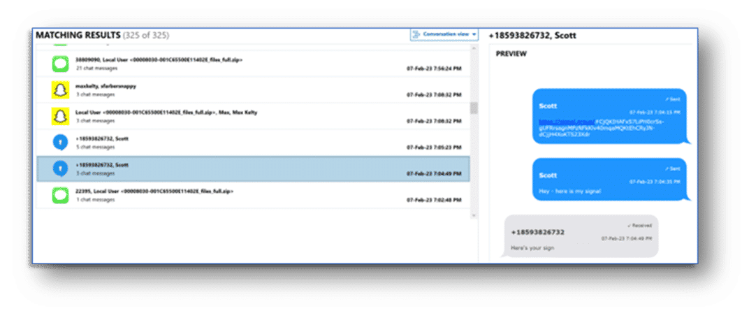 A screenshot depicting communications artifacts (Facebook Messages, iMessage messages, and Snapchat Messages) in the Magnet AXIOM Artifact view.