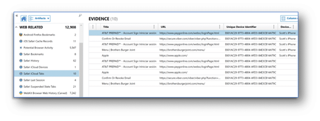 A screenshot showing Web Browser Activity Artifacts in the Evidence View of Magnet AXIOM. 