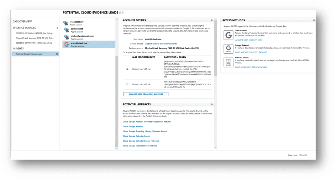 A screenshot showing the Potential Cloud Evidence Leads in Magnet AXIOM.