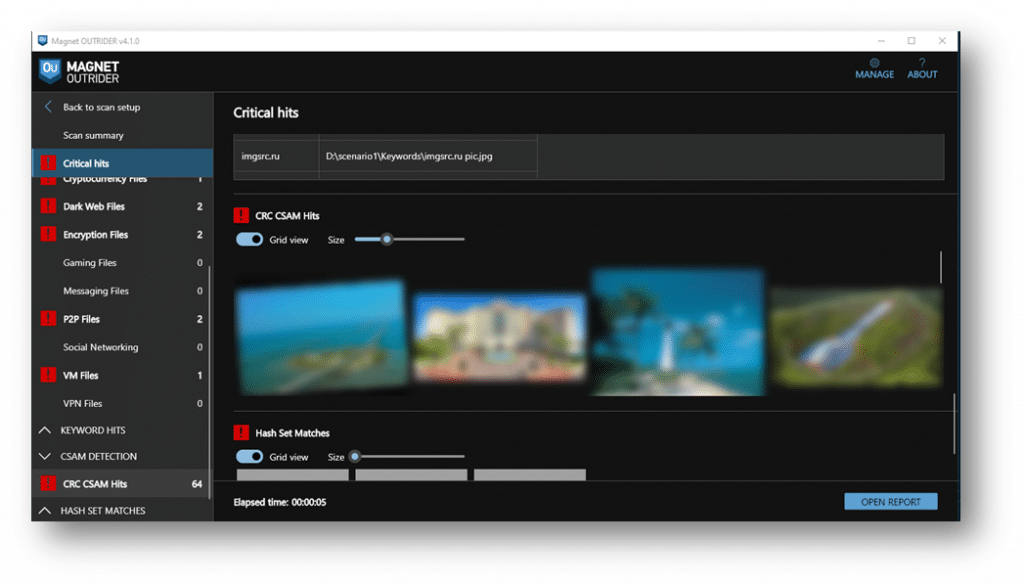 A screenshot showing the grid view of Critical Hits in Magnet OUTRIDER, with blurring to protect examiners from exposure to CSAM.