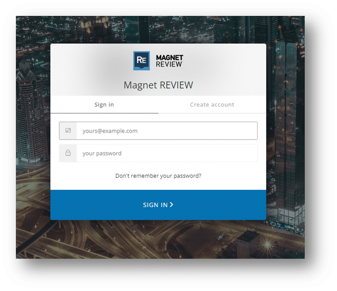 A screenshot of the Magnet REVIEW SaaS login screen.