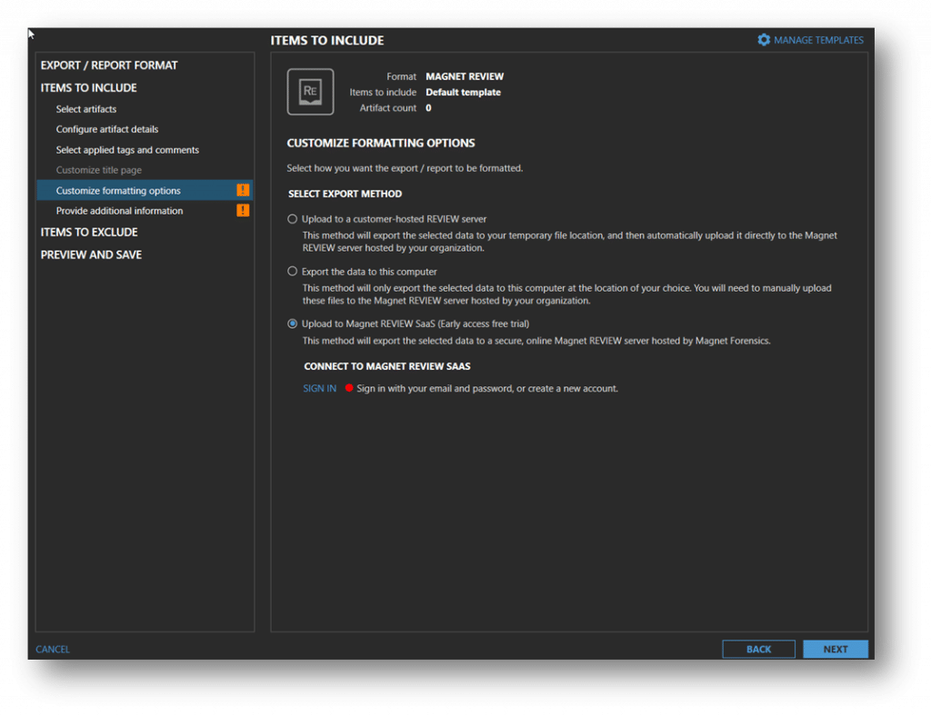 A screenshot of the Magnet AXIOM and AXIOM Cyber "Customize formatting options" screen where a user can select an export option, showing that "Upload to Magnet REVIEW SaaS (Early access free trial)" is an option.