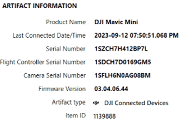 A screenshot showing the hardware identifiers and connection data of a DJI Mavic Mini in Magnet AXIOM.