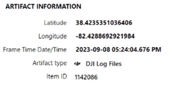 A screenshot of the DJI Artifact information for a single point on the world map, including latitude and longitude information, as well as frame time/date.
