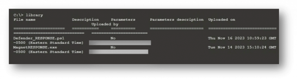 A screenshot of the "library" command in the command console.