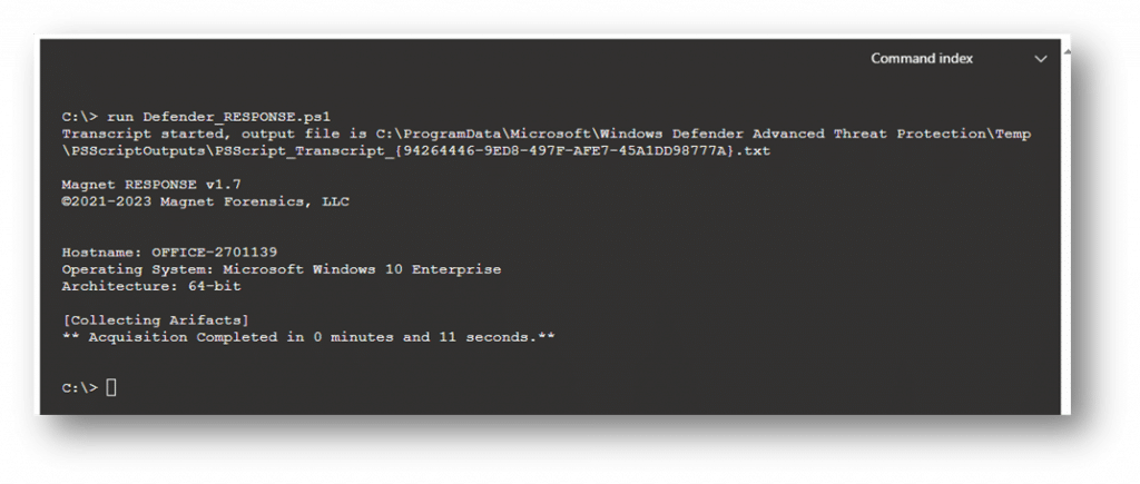 A screenshot showing the successfully run Defender_RESPONSE.ps1 command.