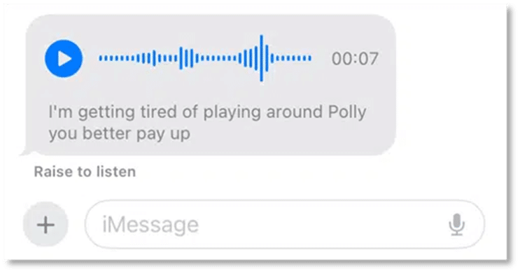 A screenshot showing the transcript of a recorded audio message in iMessage.